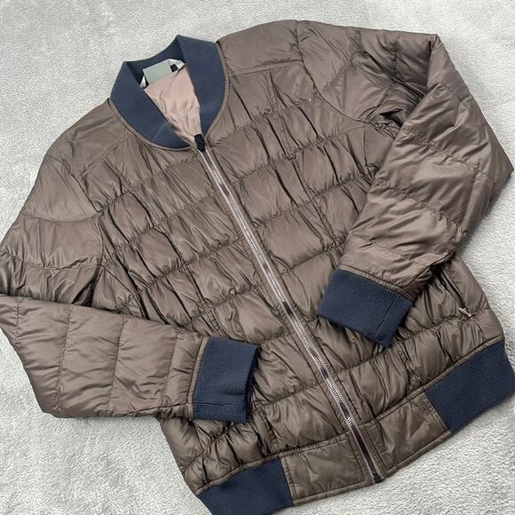 Athleta L Dobby Goose Down Quilted‎ Puffer Bomber Jacket Brown Retro - Picture 1 of 16
